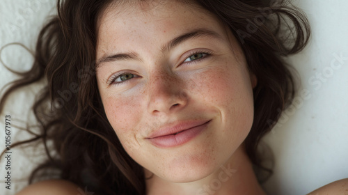 the image features a close-up of a woman with smiling face and brown medium hair