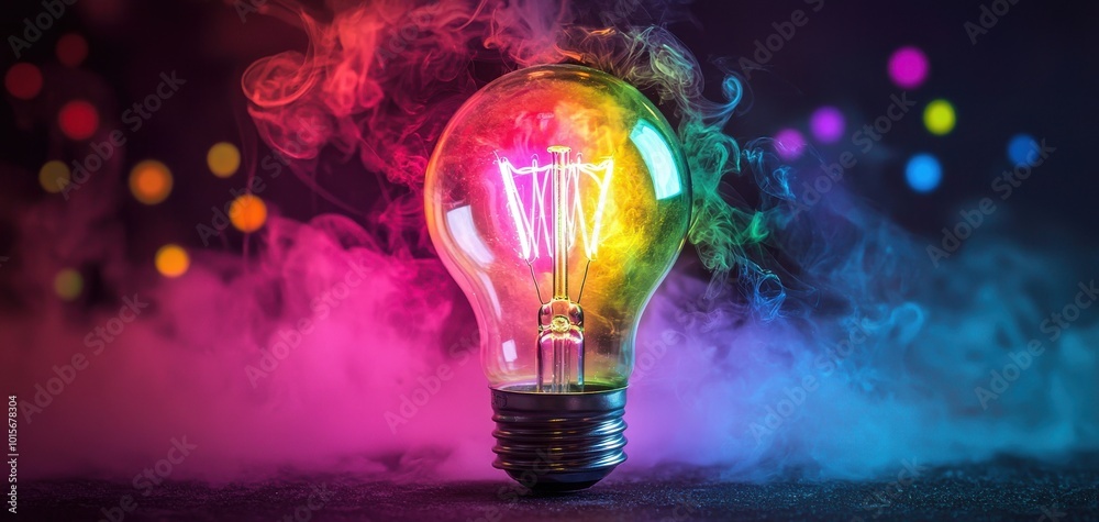 Colorful light bulb glowing in vibrant smoke, creating a captivating atmosphere. Colorful light bulb glowing in vibrant smoke, creating a captivating atmosphere.
