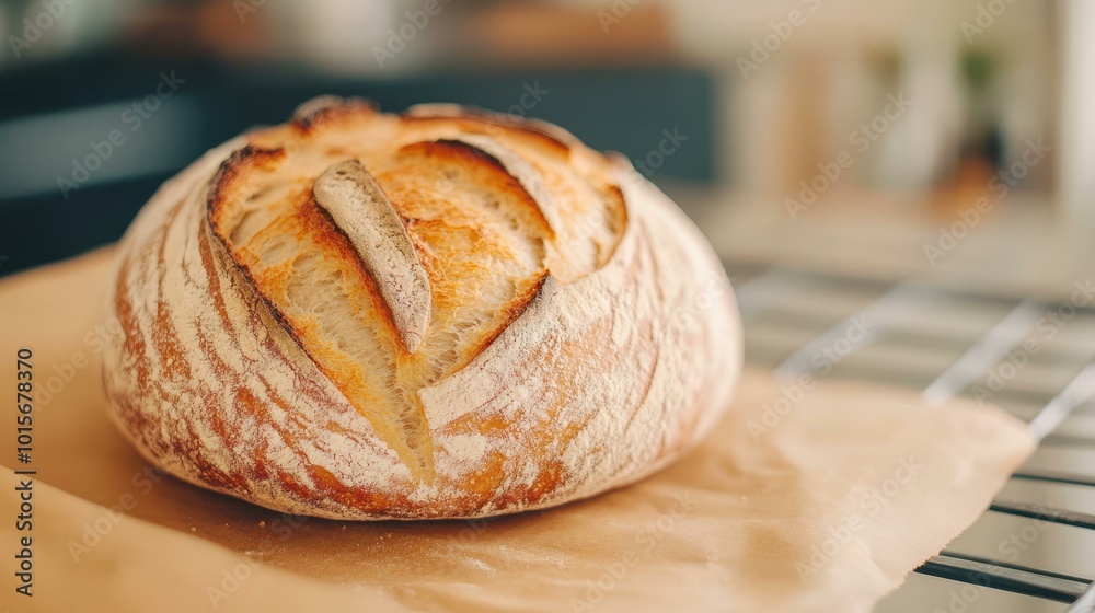 Delight in the crusty perfection of artisan sourdough, showcasing intricate scoring and a rustic background. Delight in the crusty perfection of artisan sourdough, showcasing intricate scoring and a rustic background.