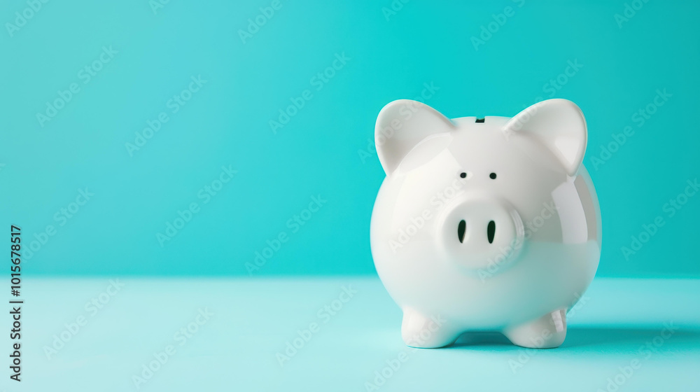 A charming ceramic piggy bank rests against a bright turquoise backdrop, embodying the spirit of thrift and savings.