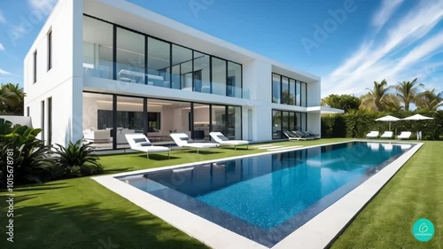 A large contemporary house featuring a pool in the front yard, A cutting-edge smart home with voice-activated controls, integrated security systems, and energy-efficient features