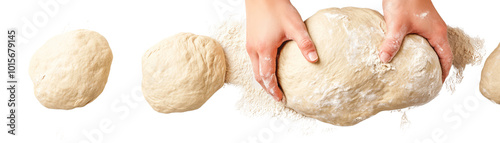 Hands kneading fresh dough on a floured surface, showcasing the stages of dough preparation for baking bread or pastry.