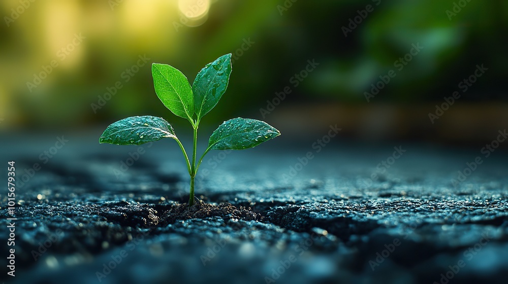 A young green sprout emerges through a crack in the asphalt, representing resilience and the persistence of life in difficult conditions. A young green sprout emerges through a crack in the asphalt, representing resilience and the persistence of life in difficult conditions.