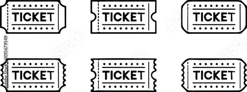Line Tickets of Cinema, theater, concert, play, party, event, festival, match black. Realistic template set. Ticket icon for website. vector illustration