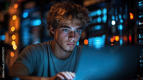 A young man working on his laptop beside a server cabinet, engaged with supercomputing tasks under blue lighting.