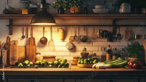A cozy kitchen scene where seasonal winter vegetables, including Brussels sprouts, parsnips, and leeks, are being prepared for a hearty meal, with a warm, inviting atmosphere