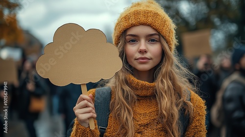 A young woman holds a cloud-shaped protest placard at a climate change rally, symbolizing the urgent need for environmental action.