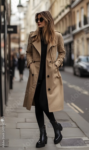 35. A chic urban outfit with a stylish trench coat and ankle boots