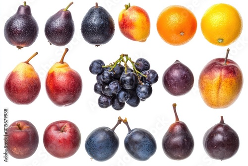 A variety of fruits used in scientific studies, isolated on white, with emphasis on texture and structure
