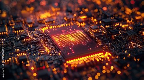 A zoomed-in view of a microchip surface, demonstrating technological advancements in computer hardware.