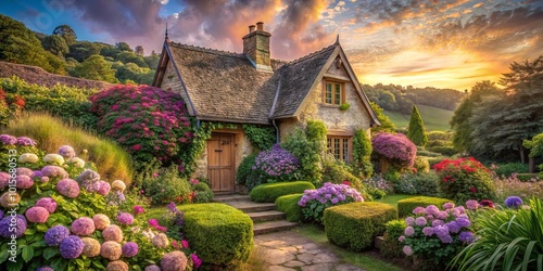 A charming stone cottage nestled amidst a vibrant tapestry of blooming hydrangeas, verdant shrubs, and rolling hills bathed in the golden glow of a setting sun.