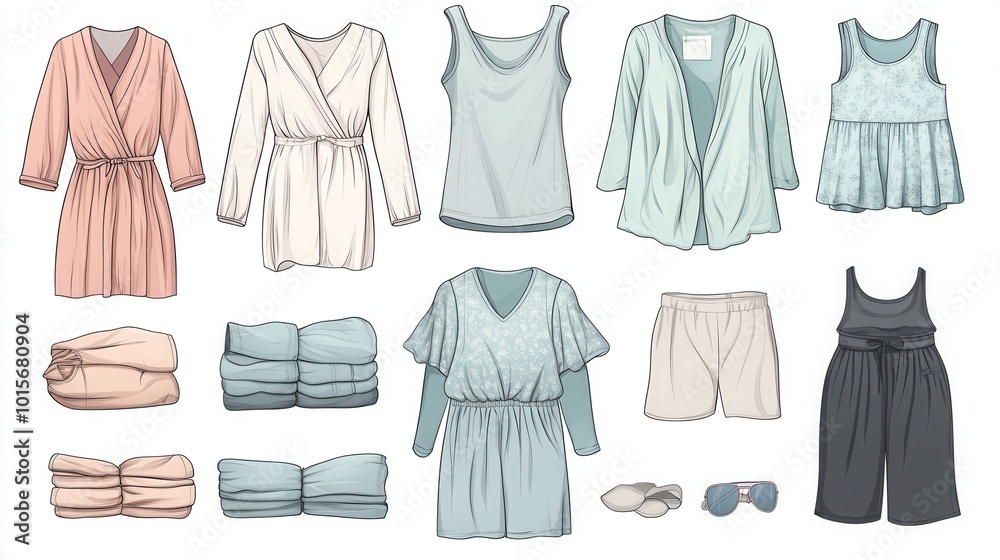 A detailed vector illustration template featuring a selection of sleepwear items such as bathrobes, pajamas, shorts, and tank tops. A detailed vector illustration template featuring a selection of sleepwear items such as bathrobes, pajamas, shorts, and tank tops.