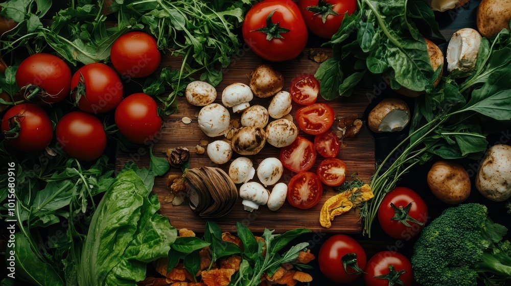Fresh Vegetables and Mushrooms on Wooden Board Fresh Vegetables and Mushrooms on Wooden Board
