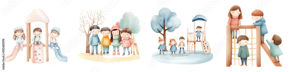 A charming illustration of children playing at a playground, featuring slides, climbing structures, and natural elements like trees, showcasing joy and friendship. A charming illustration of children playing at a playground, featuring slides, climbing structures, and natural elements like trees, showcasing joy and friendship.