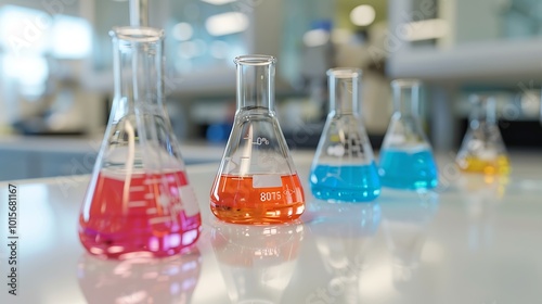 Close-up of beakers with bright liquid chemicals on a white laboratory countertop