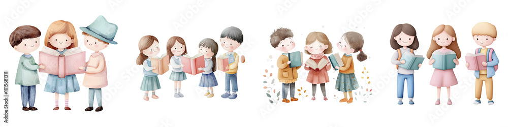 A colorful illustration features diverse children joyfully holding books, showcasing a love for reading in a whimsical style. A colorful illustration features diverse children joyfully holding books, showcasing a love for reading in a whimsical style.