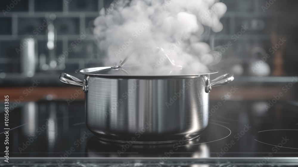 Stainless steel pot with handles emitting steam on an induction cooktop. The kitchen setting features a blurred background, highlighting the pot and its reflective surface. Stainless steel pot with handles emitting steam on an induction cooktop. The kitchen setting features a blurred background, highlighting the pot and its reflective surface.