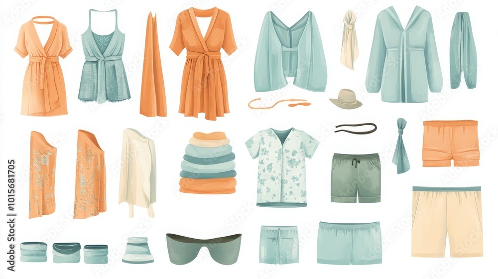 An engaging vector illustration template representing various sleepwear pieces like bathrobes, pajamas, shorts, and tank tops. An engaging vector illustration template representing various sleepwear pieces like bathrobes, pajamas, shorts, and tank tops.
