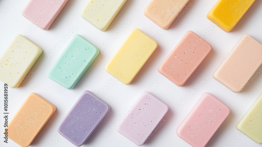 top down view, the image depicts colorful soaps placed on a white background top down view, the image depicts colorful soaps placed on a white background