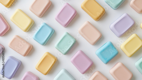 top down view, the image depicts colorful soaps placed on a white background