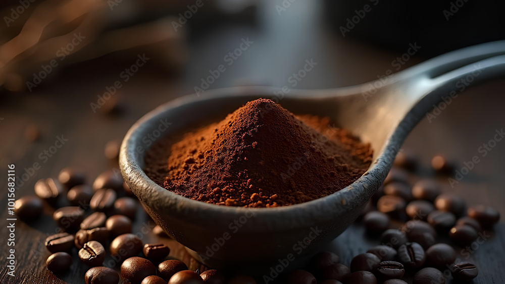 Tamped puck of coffee grounds within basket of portafilter and coffee beans spilled around in a dark and moody scene of natural light Tamped puck of coffee grounds within basket of portafilter and coffee beans spilled around in a dark and moody scene of natural light