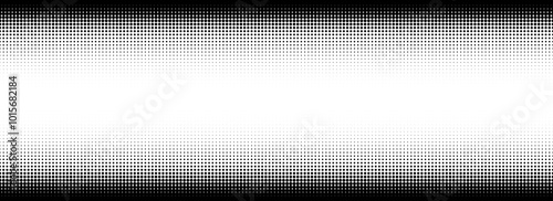 Dotted halftone gradient texture. Vanishing polka dot background. Repeated dots gradation pattern. Black and white fading comic pop art backdrop. Horizontal halftone raster effect wallpaper. Vector