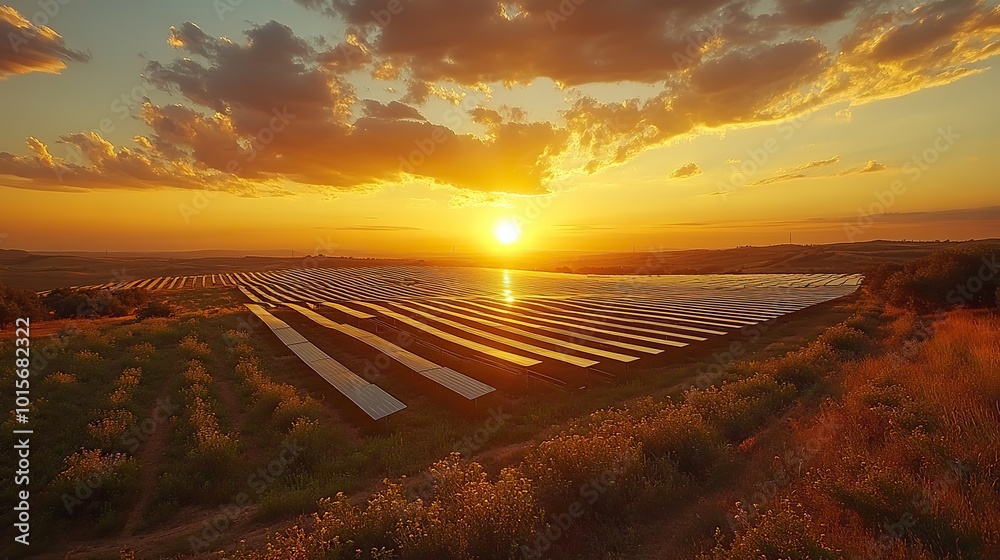 Fototapeta premium Aerial footage of a solar power plant highlights the growing use of renewable energy technology and its role in the fight against climate change.