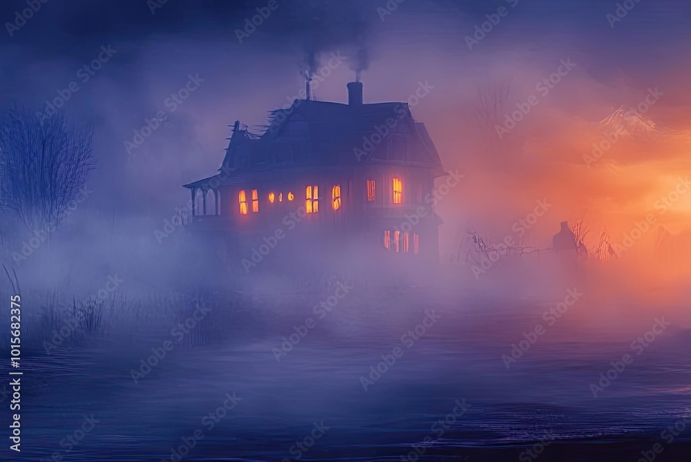 Mysterious silhouettes in a foggy landscape with an eerie house at sunset, creating a haunting atmosphere perfect for Halloween. Mysterious silhouettes in a foggy landscape with an eerie house at sunset, creating a haunting atmosphere perfect for Halloween.