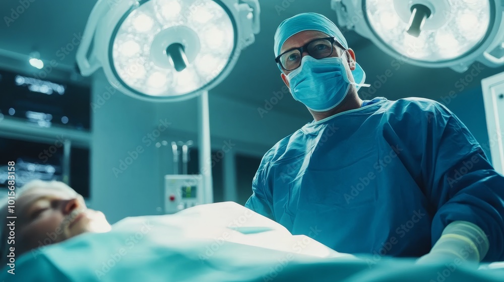 In a well-lit operating room, a surgeon in blue scrubs and a face mask leans over a patient, exemplifying precision with surgical instruments nearby and bright lights illuminating the scene In a well-lit operating room, a surgeon in blue scrubs and a face mask leans over a patient, exemplifying precision with surgical instruments nearby and bright lights illuminating the scene