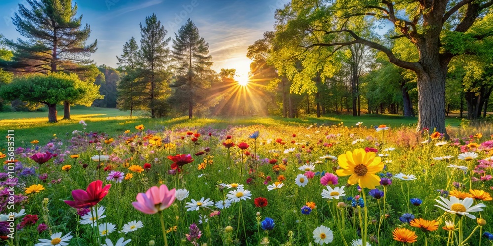 Golden Rays Illuminating a Meadow of Vibrant Wildflowers with Lush Green Trees in the Background Golden Rays Illuminating a Meadow of Vibrant Wildflowers with Lush Green Trees in the Background