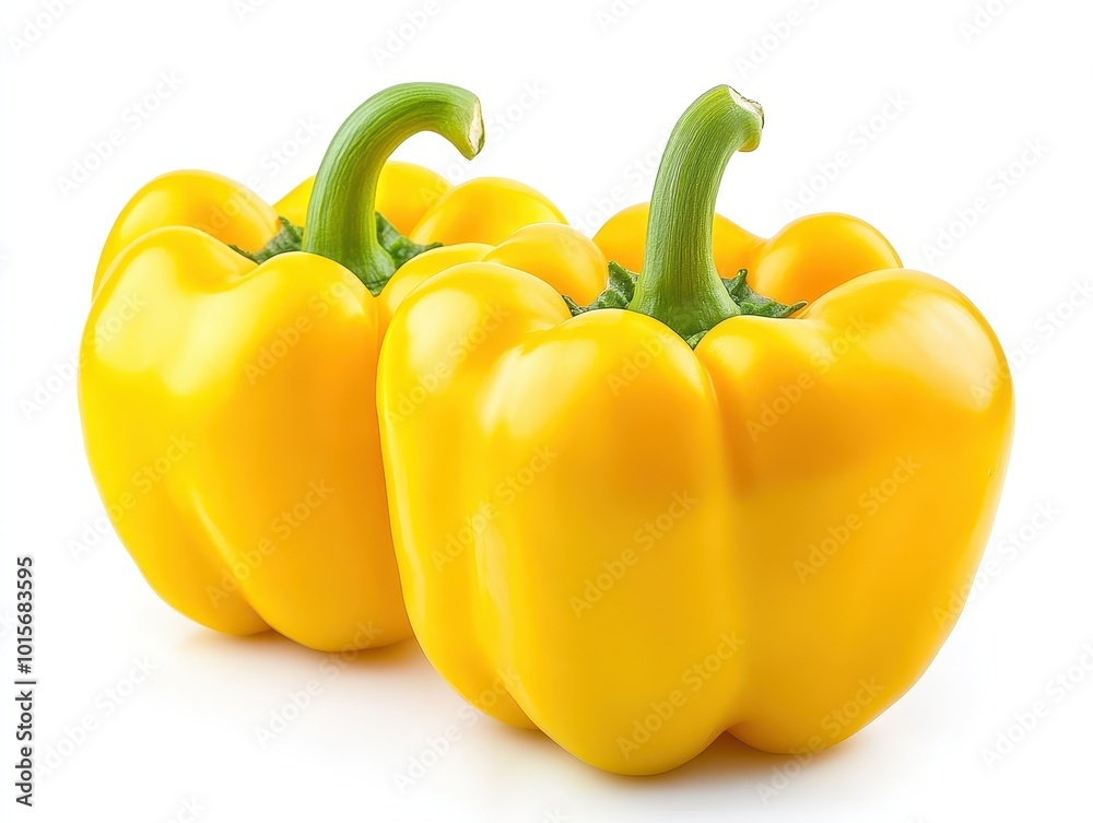 Two Vibrant Yellow Bell Peppers on a White Background Two Vibrant Yellow Bell Peppers on a White Background