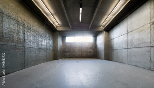 A stark, empty concrete room. Fluorescent lights illuminate the gray walls and floor, casting a cold, industrial glow. A single window offers a glimpse of the outside.