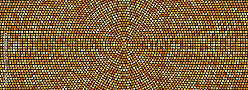 Radial gold disco party pattern. Golden square sequin mosaic texture background. Abstract yellow orange shining glitter halftone wallpaper. Pop up comic sparkling glitter and strass backdrop. Vector