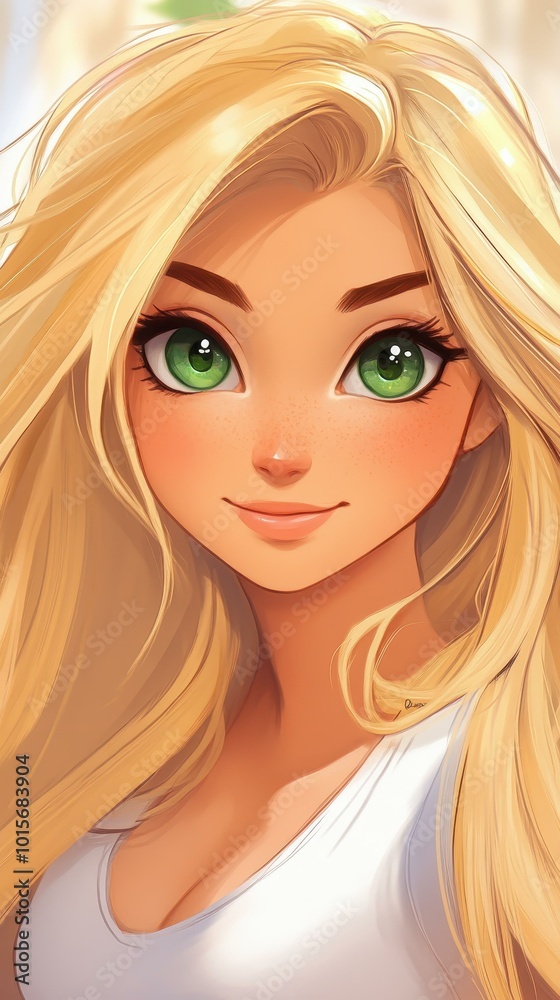 A dream of a stunning blonde girl with green eyes and a warm smile, illustrated in a captivating anime style. A dream of a stunning blonde girl with green eyes and a warm smile, illustrated in a captivating anime style.