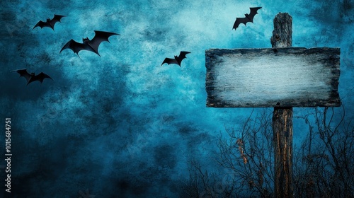 A weathered wooden signpost with a blank wooden sign against a blue, ominous, misty sky with bats flying overhead