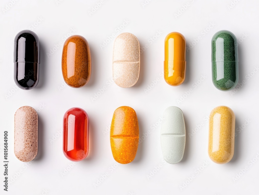 Mineral supplements arranged in perfect balance on a white background, symbolizing harmony in nutrition Mineral supplements arranged in perfect balance on a white background, symbolizing harmony in nutrition