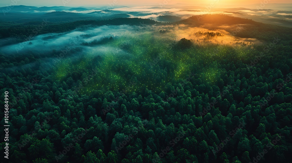 Aerial view of a green forest at dawn, with glowing technological communication lines crossing the natural landscape. Aerial view of a green forest at dawn, with glowing technological communication lines crossing the natural landscape.