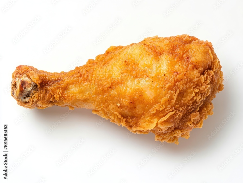 A drumstick of fried chicken, isolated on a plain white background, highlighting the crispy texture A drumstick of fried chicken, isolated on a plain white background, highlighting the crispy texture