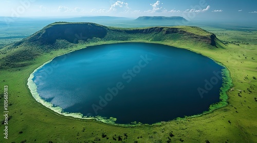 Aerial view of a lake set within the Great Rift Valley, showcasing its unique geographical location.