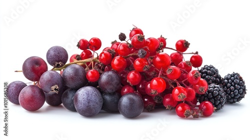 Bright red and purple wild berries, isolated from background, showcasing their natural textures and colors