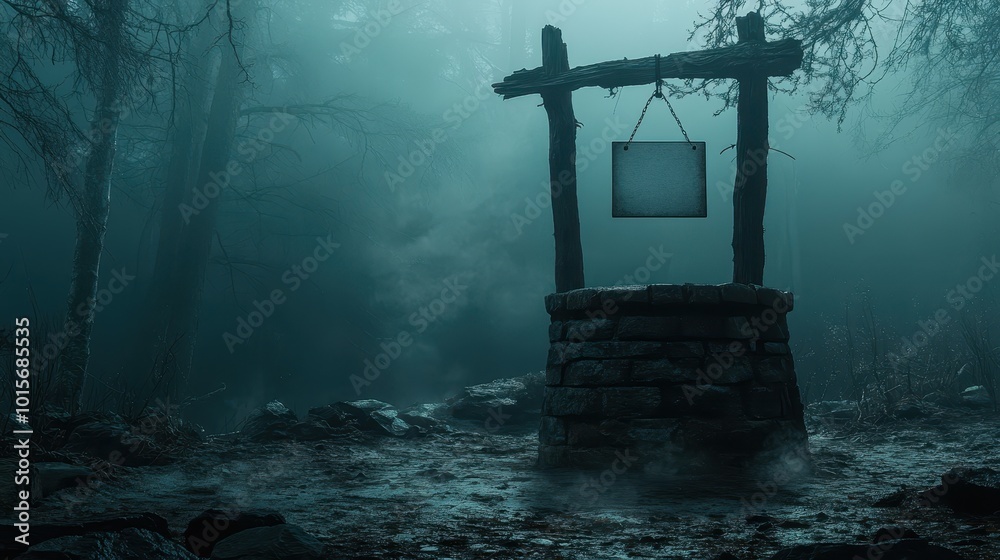 Naklejka premium An Eerie Stone Well in a Foggy Forest with a Blank Sign