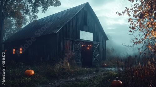 A Haunted Wooden Barn with Jack-O-Lantern Windows in a Foggy Forest