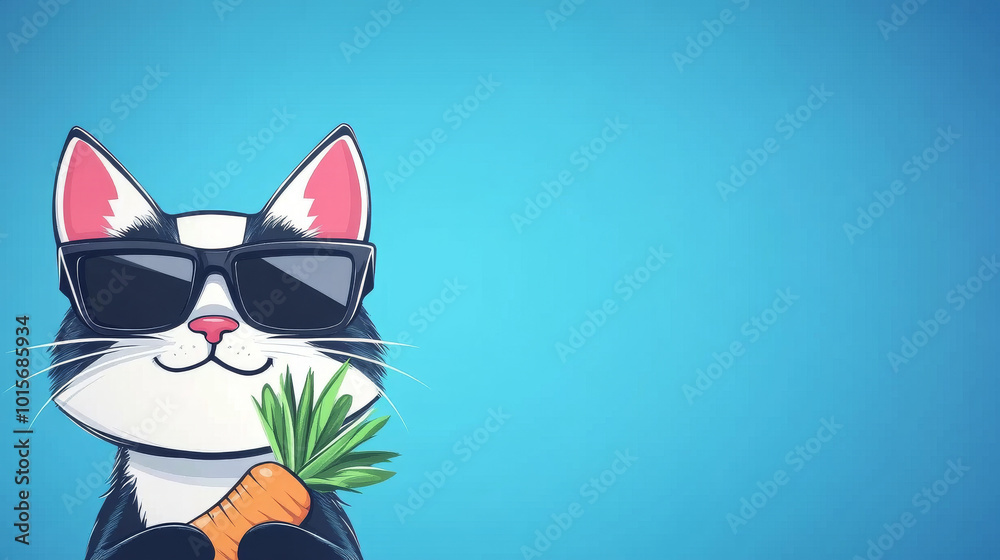 Obraz premium Cool cat wearing sunglasses peeking around the corner, holding a carrot.