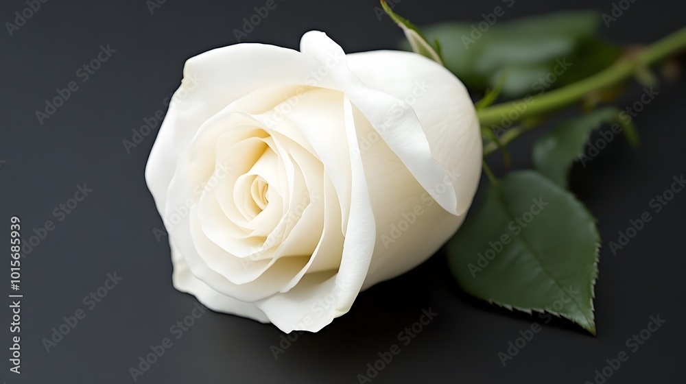 Fototapeta premium Close-up of a single white rose on a black background, symbolizing mourning and remembrance, slightly wilted to emphasize the somber theme