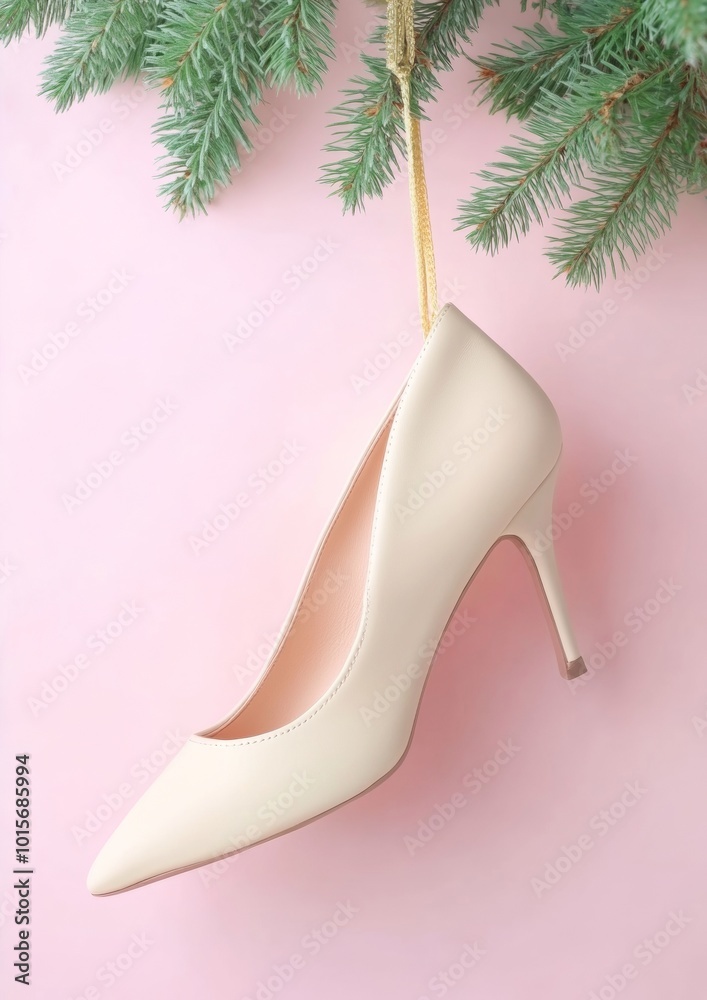 Minimalist Graph of High-Heeled Shoe Ornament Hanging from Pine Branch on Pink Background Minimalist Graph of High-Heeled Shoe Ornament Hanging from Pine Branch on Pink Background