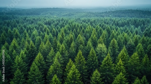 Aerial view of a northern forest with dense, dark pine trees, capturing the vastness of woodland.