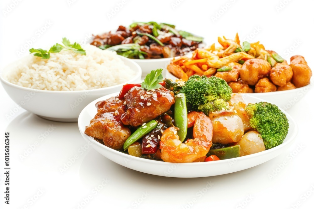 Authentic Asian dishes, isolated on white, focus on presentation and rich textures Authentic Asian dishes, isolated on white, focus on presentation and rich textures