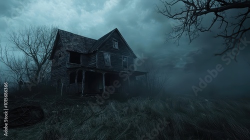 A dilapidated wooden house with boarded windows stands on a hill under a cloudy sky.