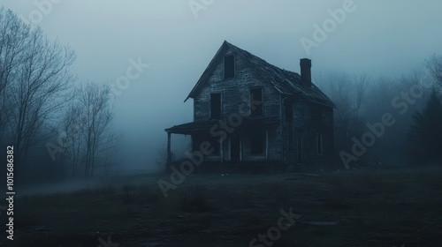 A dilapidated wooden house shrouded in thick fog, overlooking a dark and misty landscape.