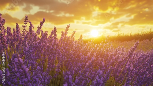 Close-up of purple lavender flowers in a field at sunset.